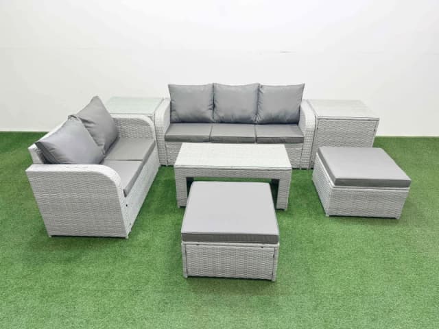 Fimous 7 Seater PE Rattan Wicker Garden Furniture Patio Conservatory Sofa Set with Oblong Coffee Table 3 Seater Sofa Love Sofa 2 Big Footstool 2 Side