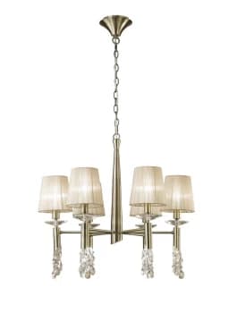 Tiffany Ceiling Pendant 6+6 Light E14+G9, Antique Brass with Soft Bronze Shades & Clear Crystal