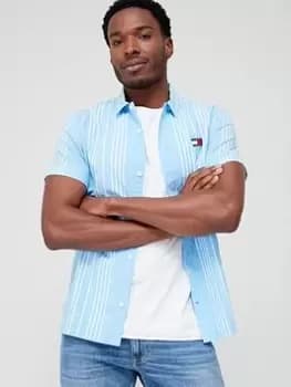 Tommy Jeans Classic Linen Mini Stripe Short Sleeve Shirt, Blue Size M Men