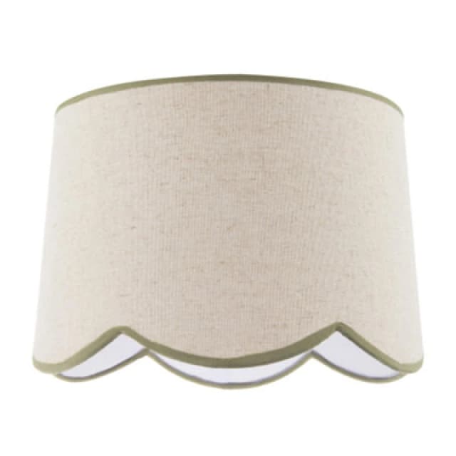 Happy Homewares Natural Oatmeal Textured Linen Scallop Lamp Shade With Olive Trims