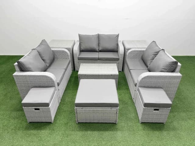 Fimous 9 Seater PE Wicker Rattan Furniture Sofa Sets with Rectangular Coffee Table 2 Seater Love Sofa 3 Stool 2 Side Table Light Grey Light Grey
