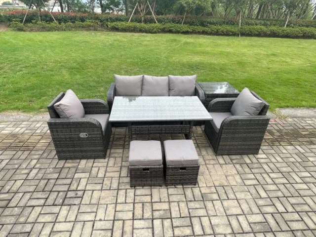 Fimous Wicker PE Rattan Garden Furniture Set Outdoor Rectangular Dining Table & Chair Sofa Set With 2 Small Footstools in Dark Grey Dark Grey Unisex