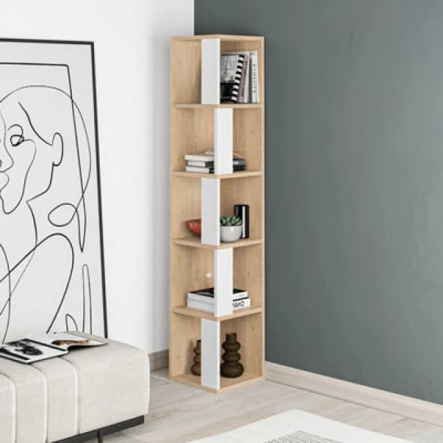 Decortie Piano Modern Corner Bookcase Display Unit Oak, White Tall 158.9Cm