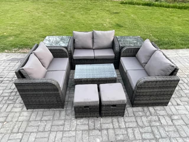 Fimous Wicker PE Rattan Garden Furniture Set 8 Seater Outdoor Lounge Sofa Set with Love Sofa Coffee Table 2 Side Tables 2 Small Footstools Dark Grey