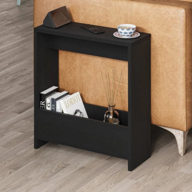 Decortie Simpi Black Wood Slim End Table With Magazine Rack (H) 60Cm