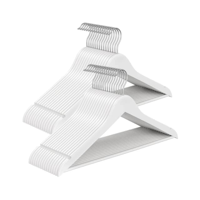 LEDREM Set Of 20 Clothes Hangers, Solid Birch Wood, 360 Swivel Hooks, Space Saving For Wardrobe, White