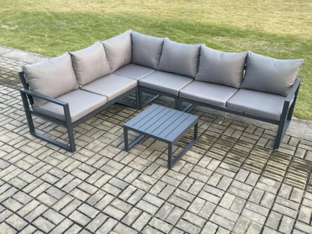 Fimous Aluminium Garden Furniture Set Outdoor Lounge Corner Sofa Square Coffee Table Sets Dark Grey 6 Seater Dark Grey Unisex