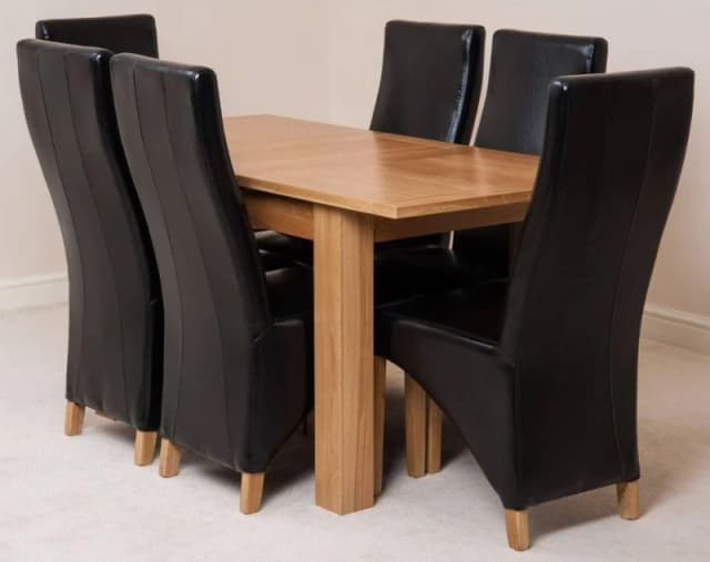 Thats Furniture Hampton 120-160cm Oak Extending Dining Table & 6 Lola Leather Chairs in Black Unisex