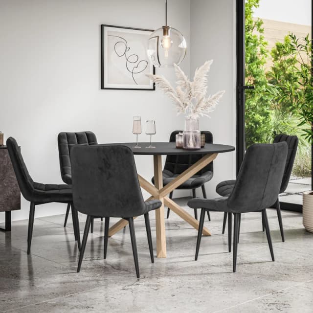 More4Homes Malvern Round Dining Table And Chairs - Black Table Top W Solid Oak Legs + Nova Velvet Dining Chair Set Of 6 (Black)