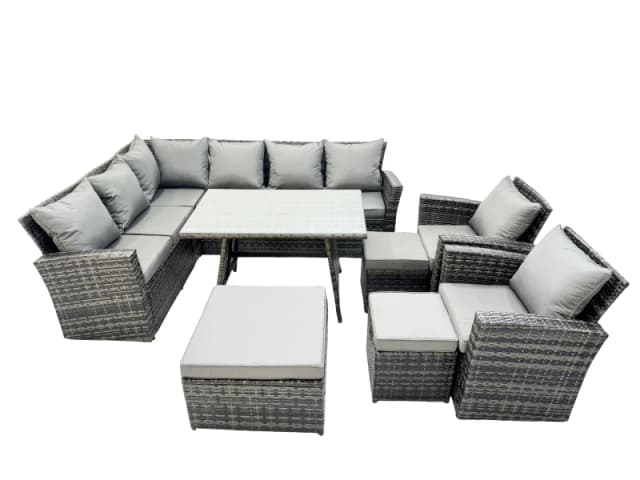 Fimous 11 Seat Rattan High Back Corner Sofa Set Patio Dining Table Set in Dark Grey Dark Grey Unisex