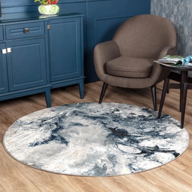 Livabliss Round Abstract Modern Marble Dark Blue Emma Area Rug 160 X 160 Cm - Easy Care, Non Shedding, Ideal For Living Room & Bedroom
