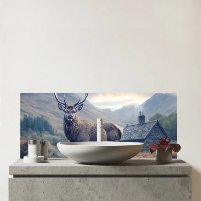 Warren Reed - Designer Highland Stag By The Cottage Glass Bathroom Splashback Multicolor Unisex