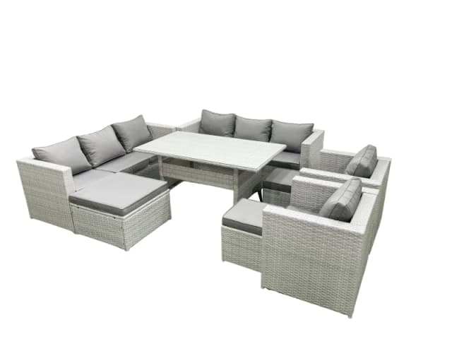 Fimous Rattan Garden Furniture Set Outdoor 8 Seater Patio Dinin g Sofa Sets with Dining Table 2 Chairs 3 Footstools Light Grey Mixed Light Grey