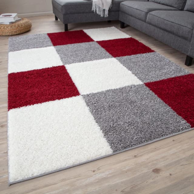 THE RUGS Fluffy & Soft Shaggy Rugs Living Room Rug in Red - Elegant Geometric Design Carpets For Bedrooms & Kitchen 381 Size: 80cm x 300cm Red U
