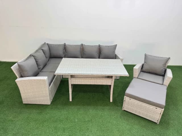 Fimous 8 Seater Rattan Garden Furniture Set Dining Table Chair Big Footstool in Light Grey Light Grey Unisex