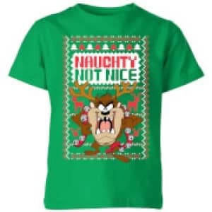 Looney Tunes Tasmanian Devil Knit Kids Christmas T-Shirt - Kelly Green - 11-12 Years