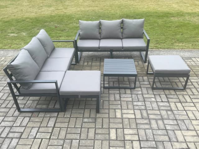 Fimous Aluminium 5 Pieces Garden Furniture Sofa Set with Cushions 8 Seater Outdoor Patio Set with Square Coffee Table 2 Big Footstools in Dark Grey Da