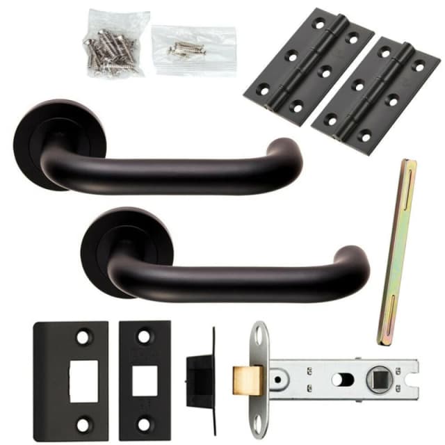 Loops Door Handle & Latch Pack Matt Black Curved Safety Lever Screwless Round Rose Black