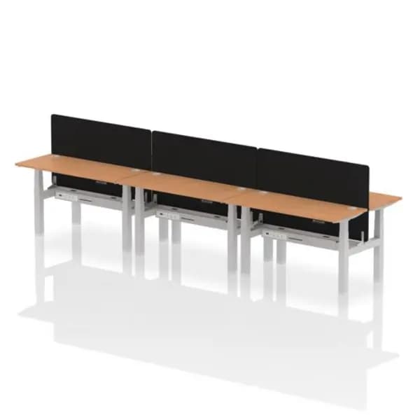 Air Air Back-to-Back 1400 x 600mm Height Adjustable 6 Person Bench Desk Oak Top with Cable Ports Silver Frame with Black Straight Screen HASCP6P14600