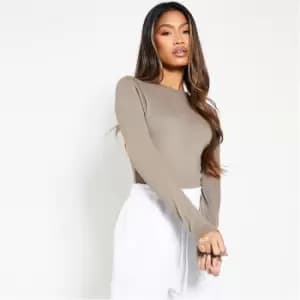 I Saw It First Cotton Rib Crew Neck Long Sleeve Bodysuit - Brown