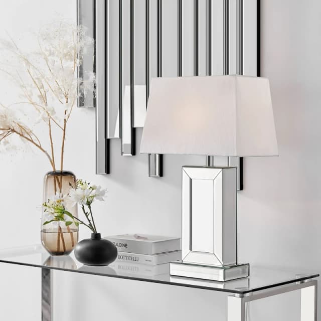 FurnitureboxUK FurnitureboxUK Talia Energy Efficient Tall Mirrored Table Lamp Light With Fabric Shade (Including Bulb) in White White One Size Unisex