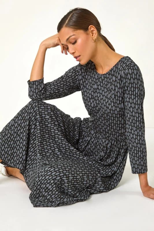 Roman Geometric Pocket Stretch Midi Dress Grey