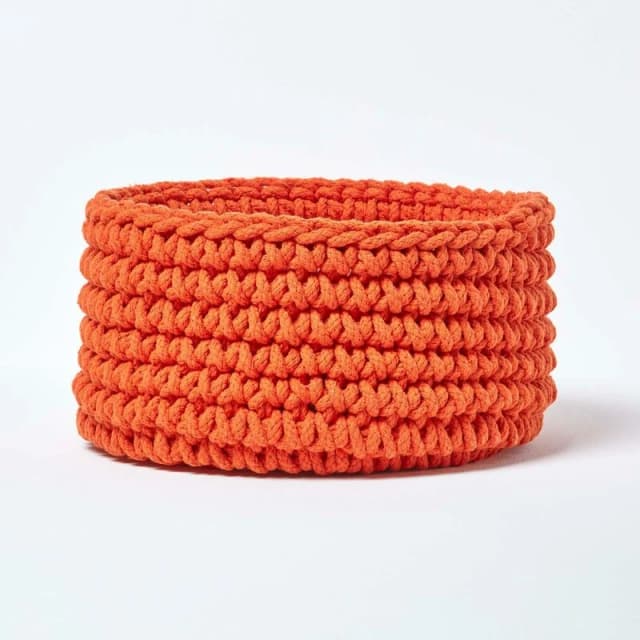 Homescapes Cotton Knitted Round Storage Basket, 37 x 21cm Burnt Orange