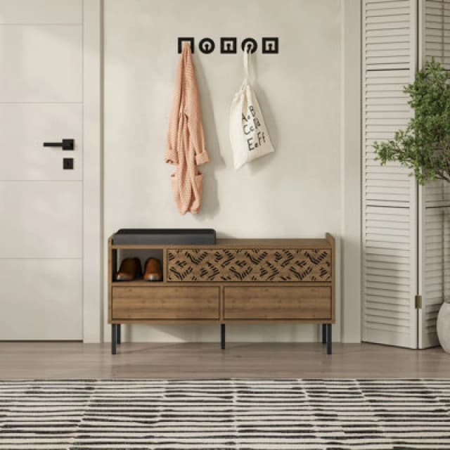 Decortie Heaton Shoe Bench Dark Oak Effect W/ Fabric Cushion Seat 3-Door Storage Cabinet 111(W)X37(D)X56.5(H)Cm Metal Legs Hallway