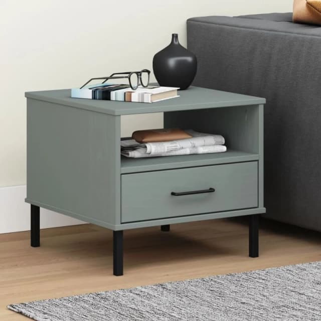 Vidaxl Bedside Table With Metal Legs Grey Solid Wood Pine Oslo, Grey 351031