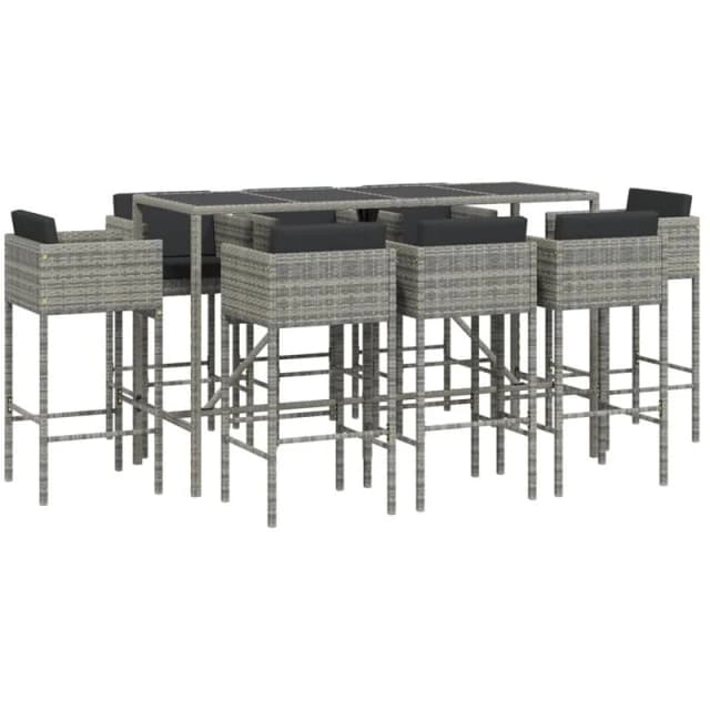 vidaXL 9 Piece Garden Bar Set with Cushions Grey Poly Rattan, Grey 3203938