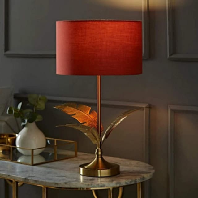 ValueLights ValueLights Christina Fabric Drum Shade Gold Palm Leaf Detail Single Stem Table Lamp in Burnt Orange Burnt Orange One Size Unisex 50594060