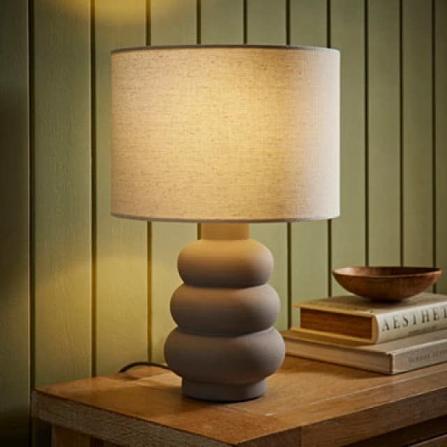 ValueLights ValueLights Rochella Natural Linen Drum Shade Grey Bubble Stack Ceramic Table Lamp and Bulb in Off White Off White One Size Unisex 5059406