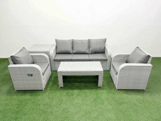 Fimous PE Rattan Garden Furniture Set Reclining Chair Sofa Lounge Sofa Set Rectangular Coffee Table Side Table Light Grey Light Grey
