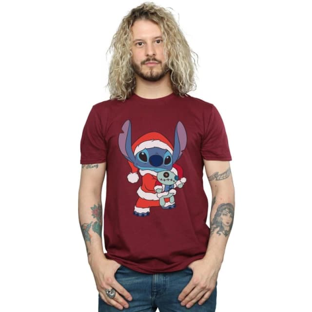 Disney Men Lilo And Stitch Stitch Christmas T-Shirt in Burgundy Size: Small Burgundy S Male 5059400307818