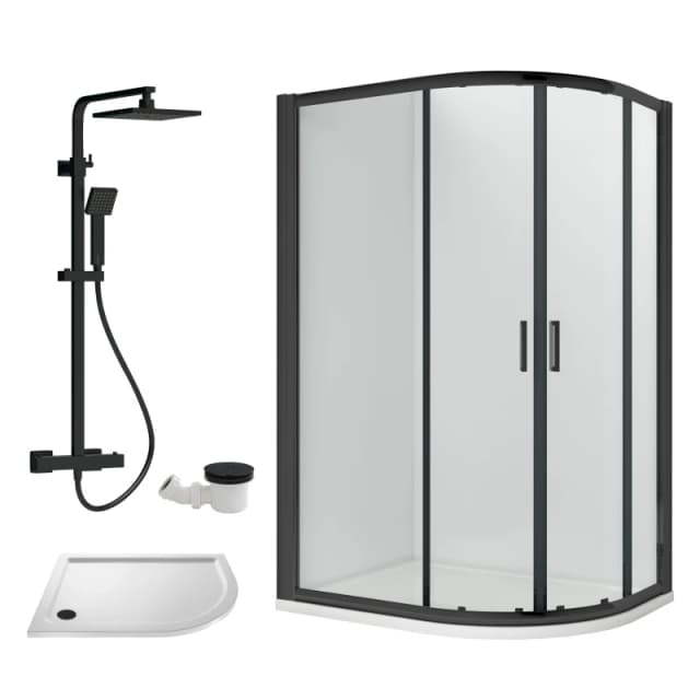 Ruwa Shower Enclosure Bundle - Offset Right Quadrant, Tray, Square Shower & Waste - White/black - 1000mm X 800mm - Balterley
