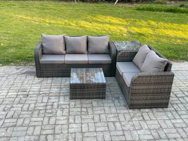 Fimous PE Rattan Garden Furniture Sets 5 Seater Outdoor Lounge Sofa Set Square Coffee Table Side Table Dark Grey