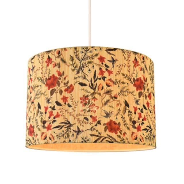 Happy Homewares Bird Theme Bamboo Pendant Lamp Shade With Green Leaves And Red Flowers