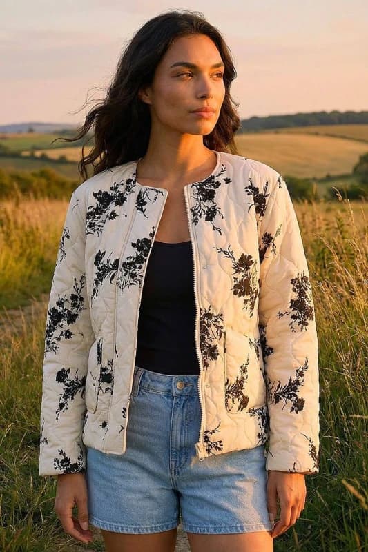 Roman Womens Floral Flock Quilted Jacket in Cream Size: 20 Cream Female 20