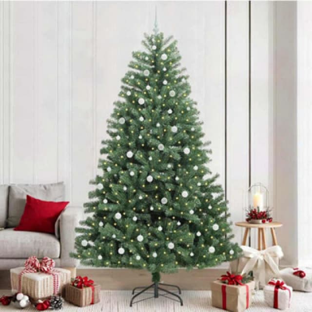 vidaXL Artificial Hinged Christmas Tree with White Balls Green 240cm PVC and Metal, Green 3395508