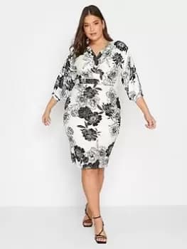 Yours Curve Pleat Drop Shoudler Floral Wrap Dress, White, Size 14, Women