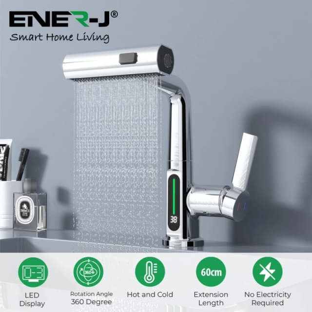 ENER-J Modern Single Hole Basin Faucet with Waterfall, Pull Out Sprayer & LED Temperature Display, Chrome Silver in Camel Size: 100cm x 100cm Came