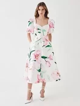 COAST Puff Sleeve Midi Dress - White, Size 12, Women