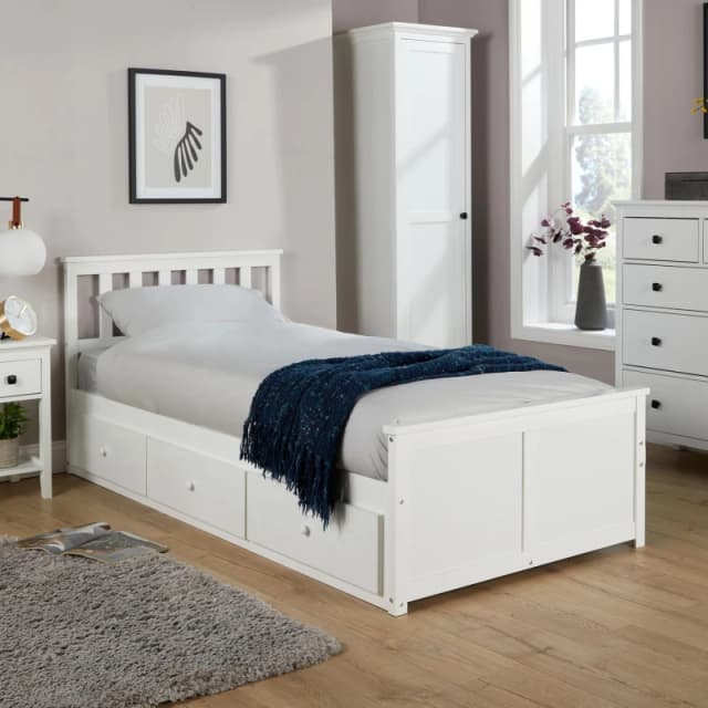 Home Source Single 3ft Pine Wooden Bed Frame 3ft Underbed Storage Drawers Bedroom in White White Unisex Single