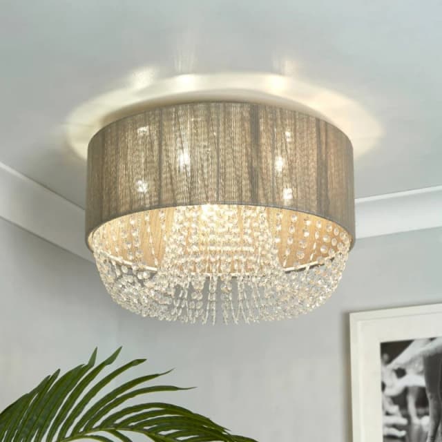 Lighting Collection Textured Fabric Drum Flush Light With Cascading Crystal Waterfall Design