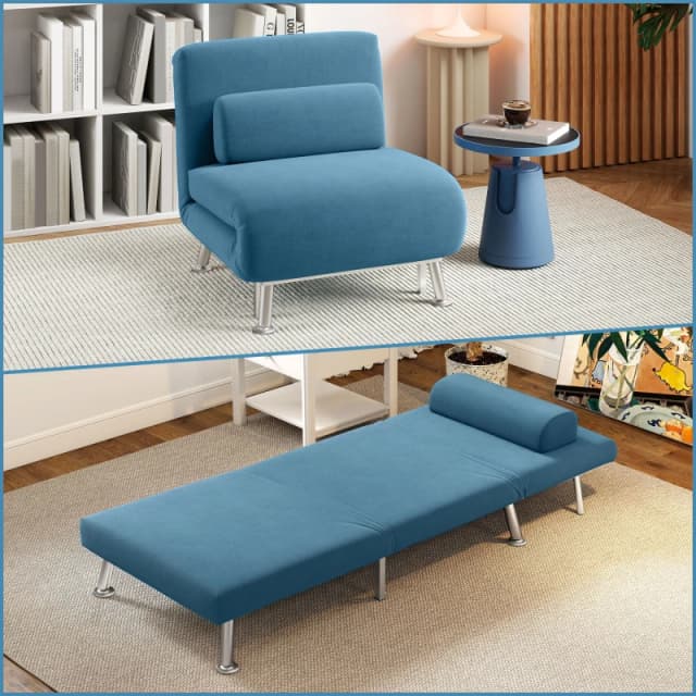 HOMCOM Single Sofa Bed, 1 Person Sleeper Foldable Lounge with Pillow, Blue 833-066V72BU