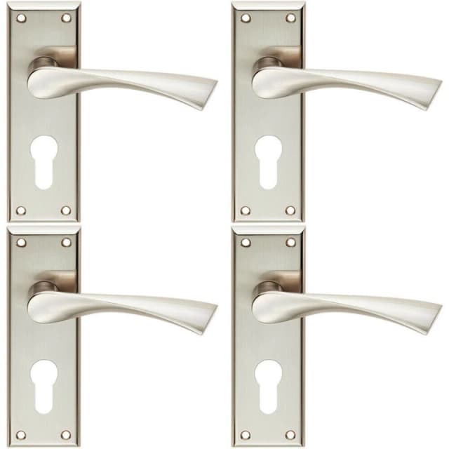 Loops 4x PAIR Angular Lever on Euro Lock Backplate Handle 150 x 50mm Satin Nickel Metallics