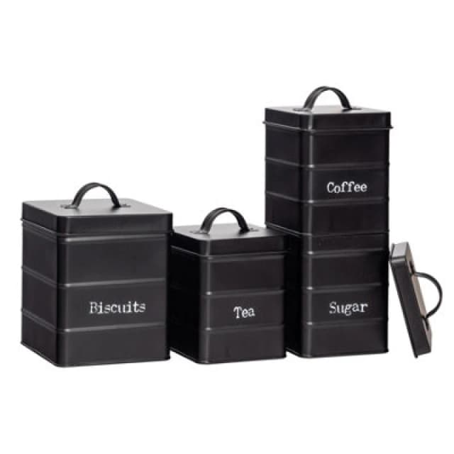 Harbour Housewares 4 Piece Kitchen Canisters Set - Black - Vintage Metal Storage Caddy Tin Jar