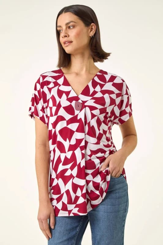 Roman Womens Abstract Print V-Neck Stretch Top in Red Size: 14 Red Female 14