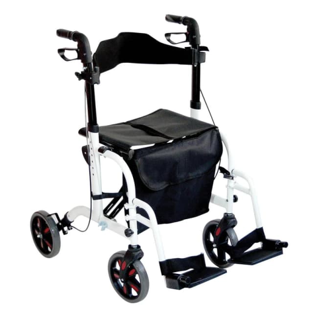 Loops White Deluxe Aluminium Rollator and Transit Chair 2-in-1 Dual Function Walker White