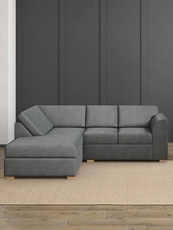Aspire Modo L Shaped Sofa With Corner On The Left, Fixed Back, Plush Velvet Steel, Grey MO-FB-PV05-LL